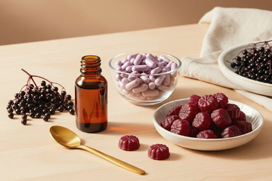 Elderberry supplements in different forms including gummies, capsules, and syrup displayed on a wooden table