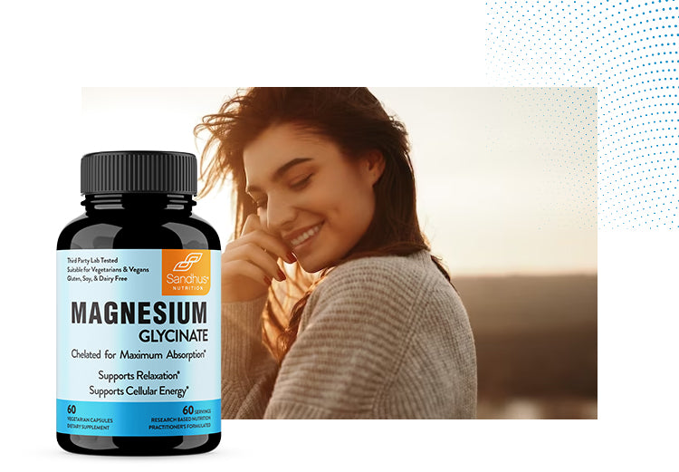Calm woman leaning back and relaxing at home; magnesium glycinate supports stress relief and relaxation.