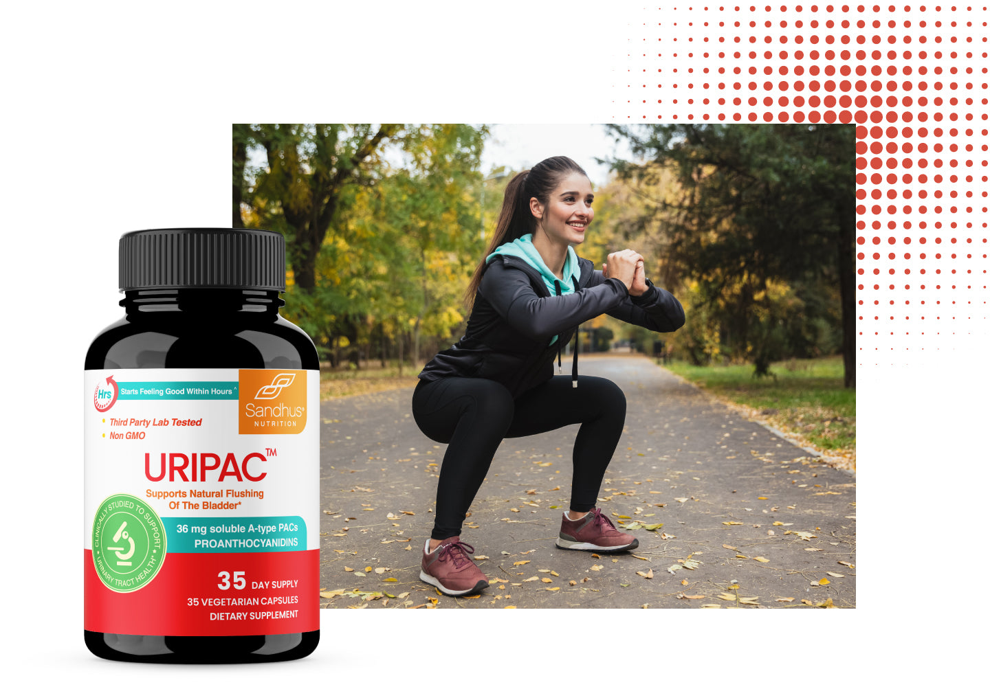 Uripac urinary tract support supplement bottle with woman doing squats outdoors.