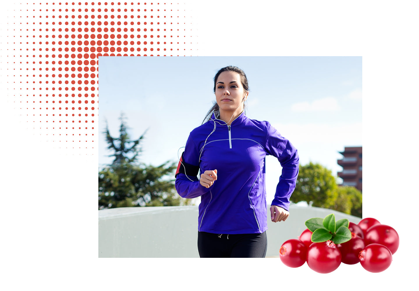 Active woman running outdoors with cranberries, representing urinary tract and bladder health support.