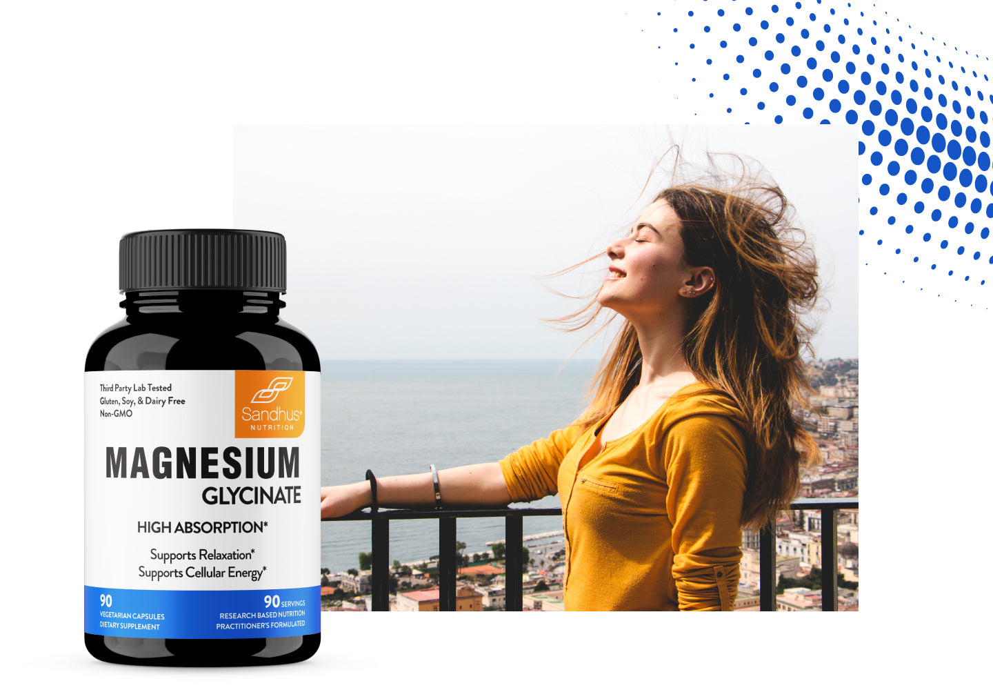 Sandhus Magnesium Glycinate supplement with high absorption formula to support relaxation, cellular energy & overall wellness.
