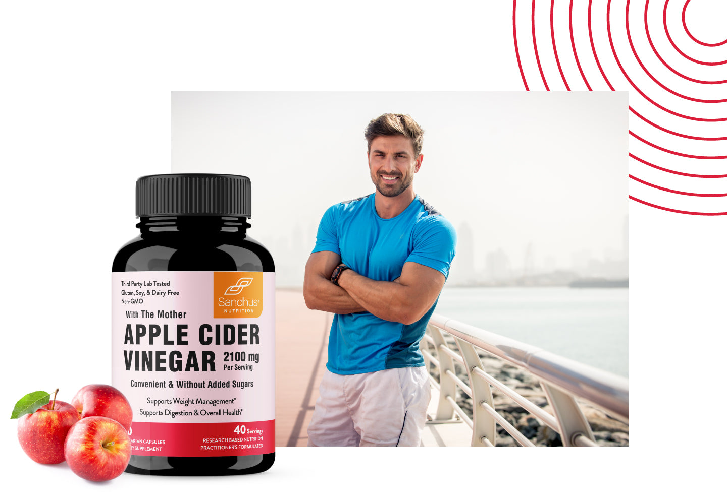Man in athletic gear signals fitness, strength, and confidence, while the bottle emphasizes clean, potent Apple cider vinegar