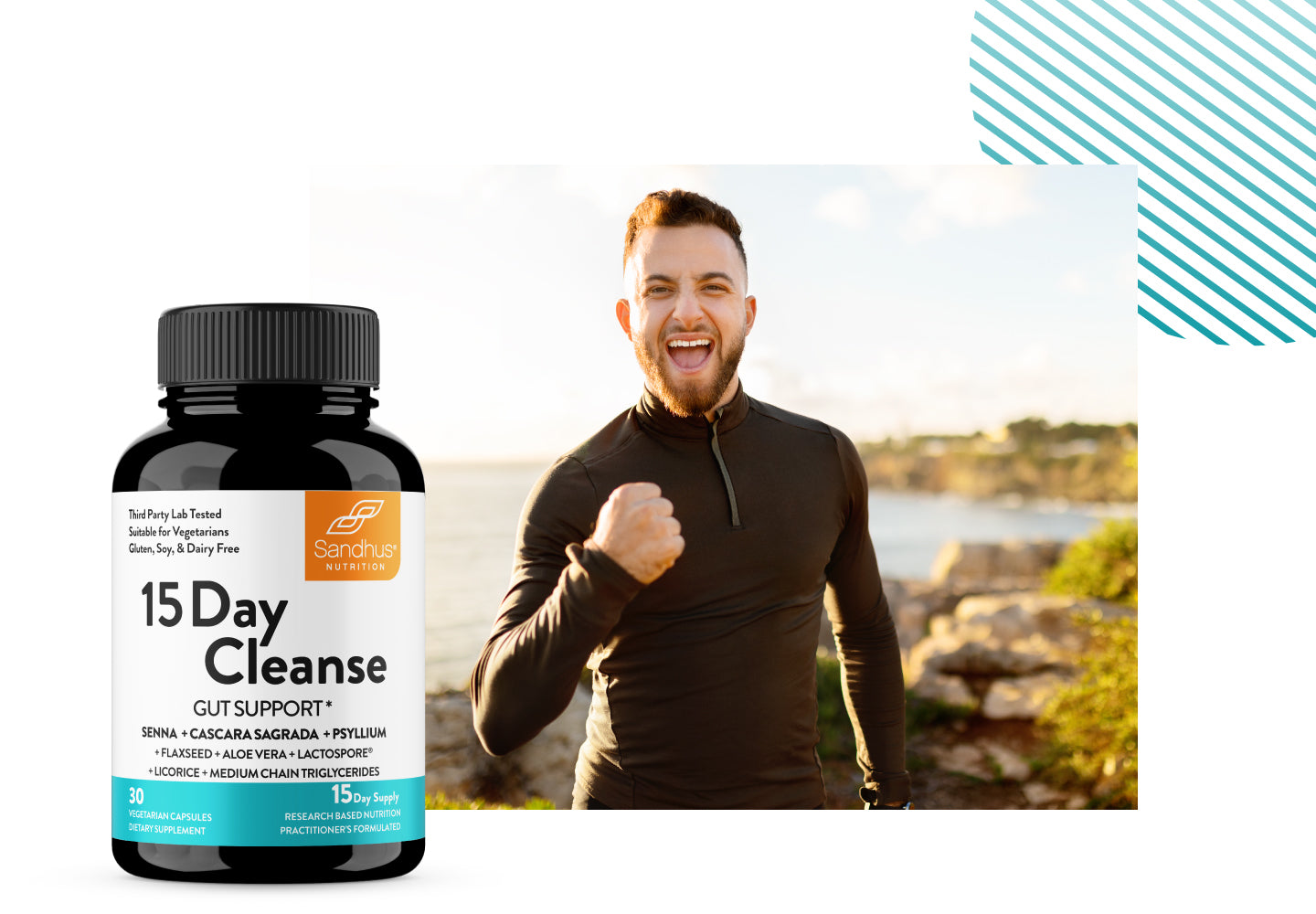 Smiling man outdoors with Sandhus 15 Day Cleanse supplement for gut support, digestion, and overall wellness.
