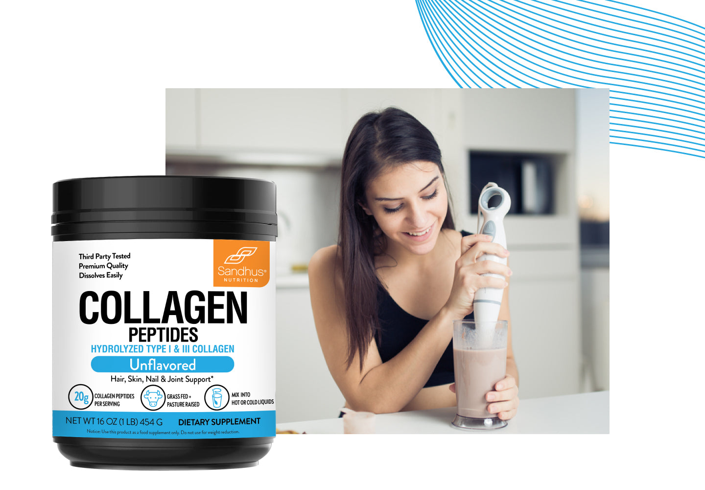 Woman preparing a collagen shake with Sandhus Nutrition Collagen Peptides powder for daily skin and joint support
