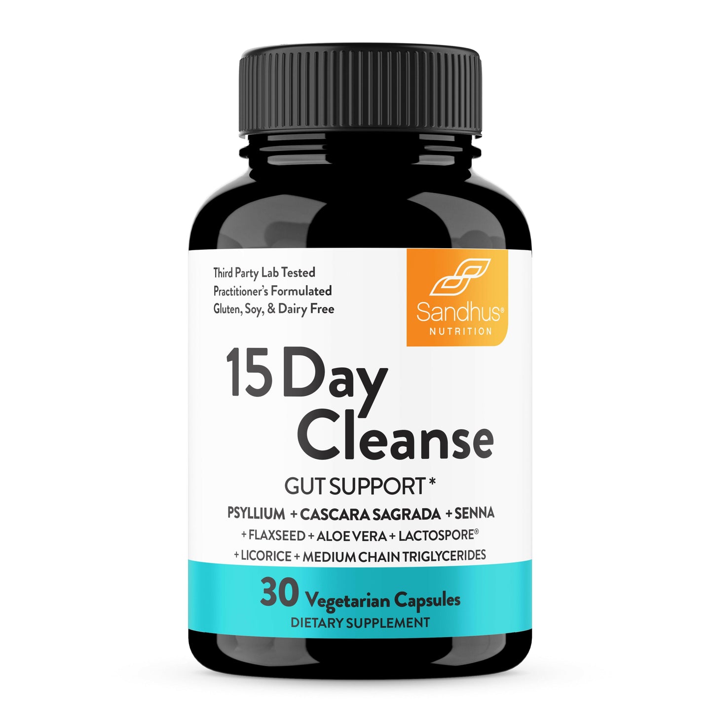 Supplement bottle labeled '15 Day Cleanse' by Sandhuss Nutrition on a white background