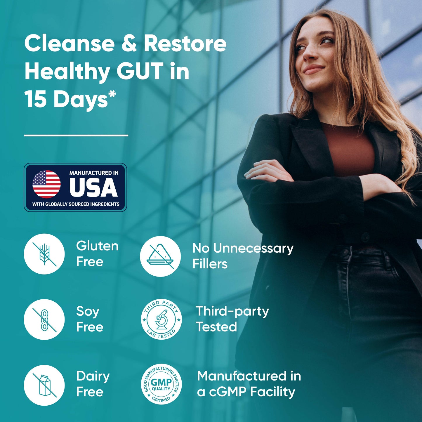 Confident woman standing outside office building with text promoting Sandhu’s 15 Day Cleanse as gluten free, soy free, dairy free, third-party tested, made in USA, and manufactured in a cGMP facility.