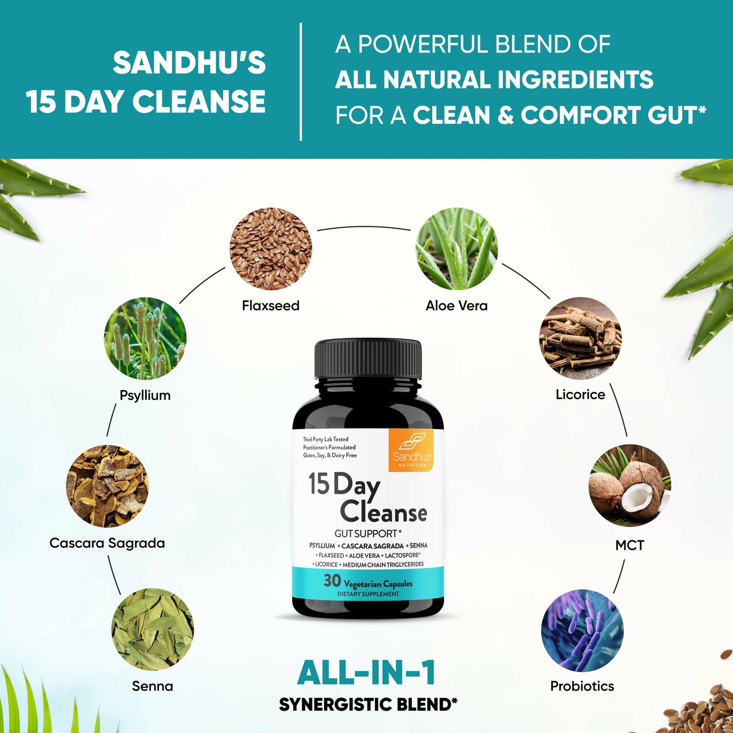 Sandhu’s 15 Day Cleanse supplement bottle surrounded by natural ingredients including psyllium, cascara sagrada, senna, flaxseed, aloe vera, licorice, MCT, and probiotics, promoting gut support.