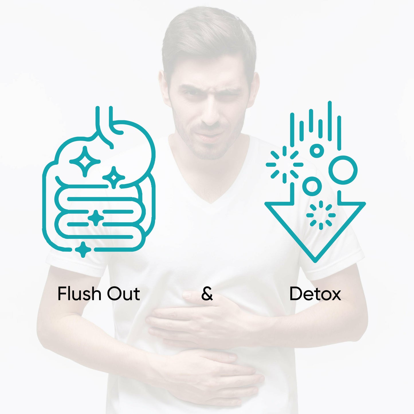 Man with icons labeled 'Flush Out' and 'Detox' on a white background