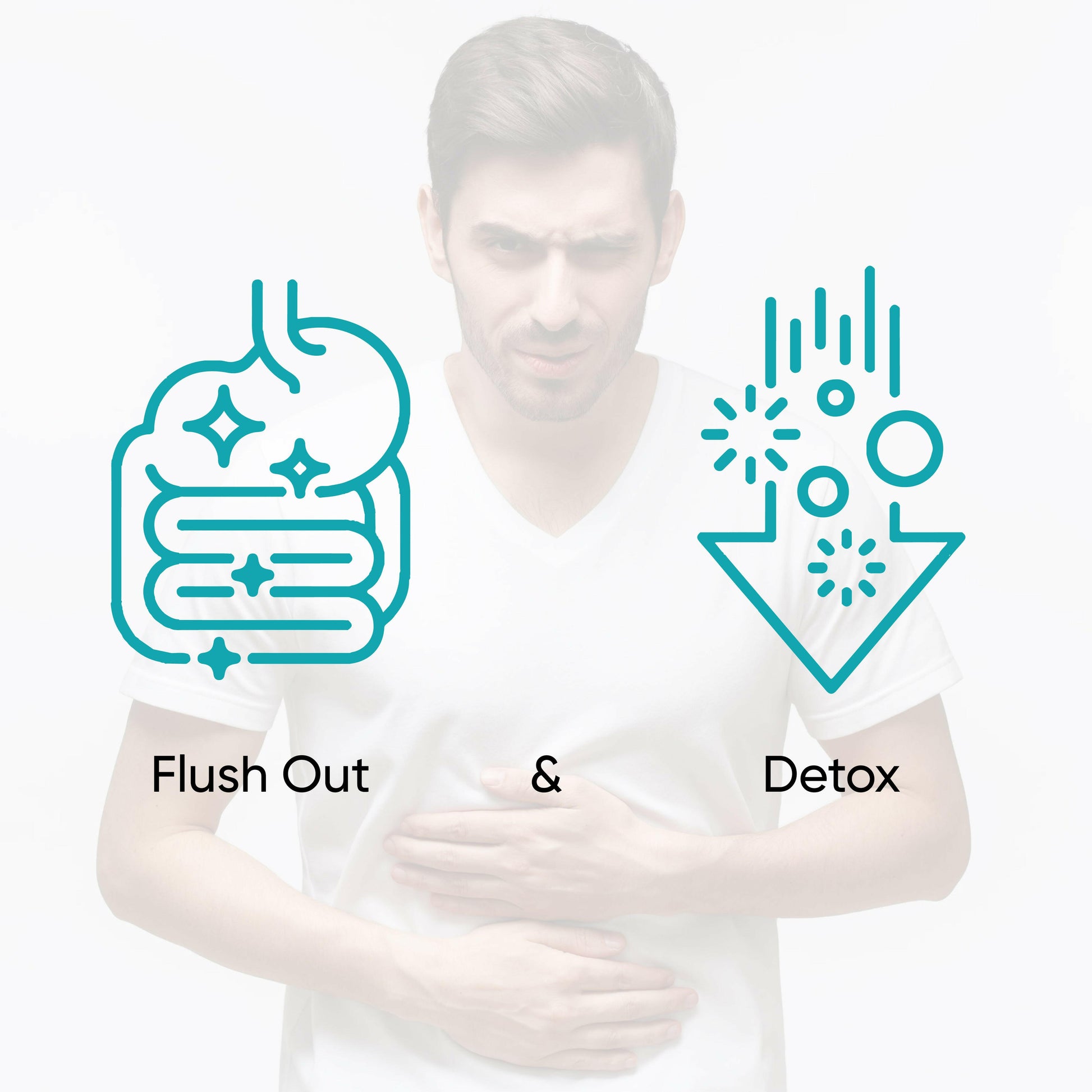 Man with icons labeled 'Flush Out' and 'Detox' on a white background