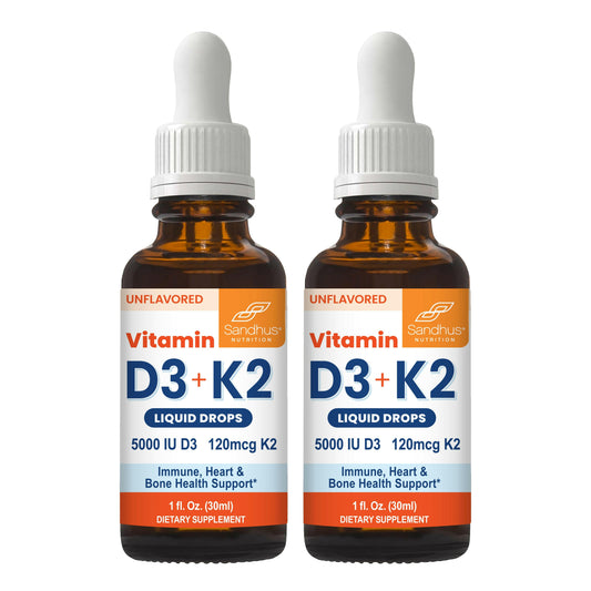 Two bottles of Vitamin D3 + K2 liquid drops on a white background