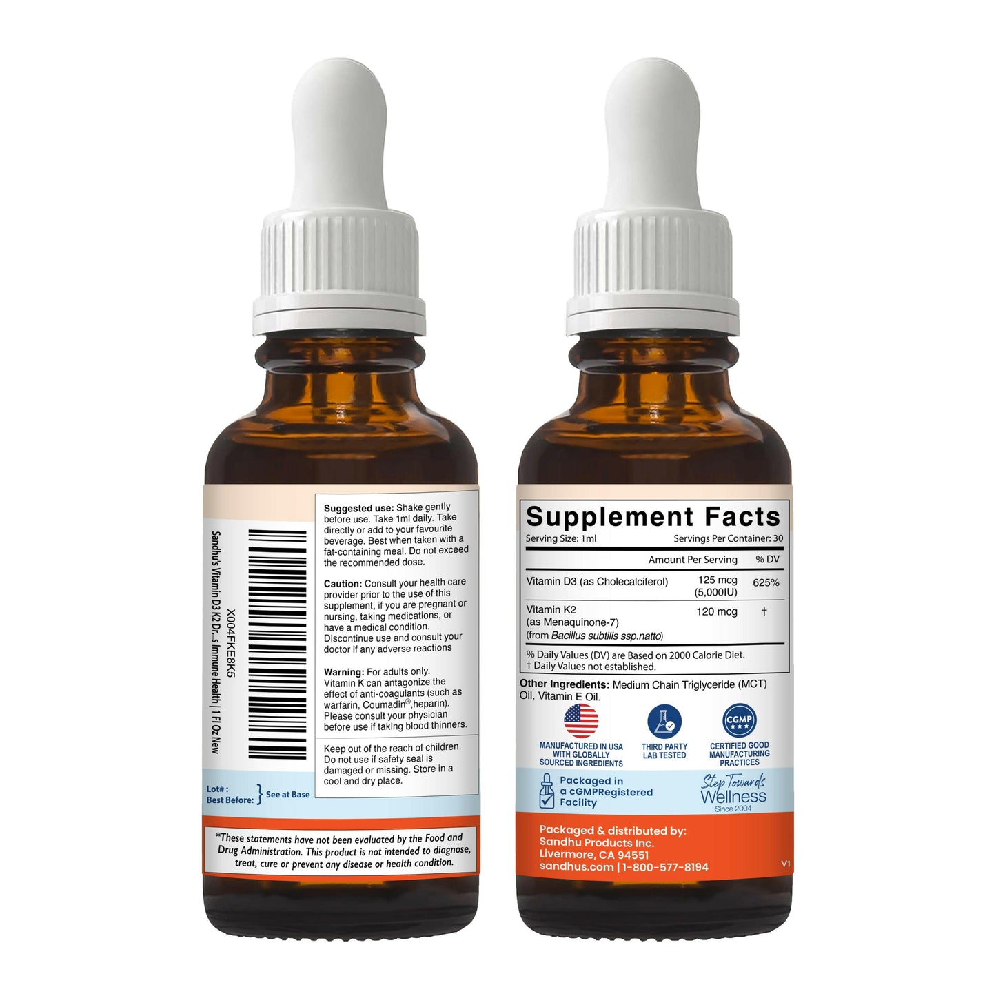 Two amber glass dropper bottles with labels on a white background