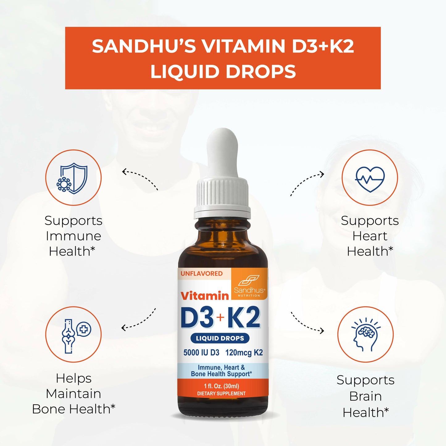 Sandhus Nutrition Vitamin D3 + K2 liquid drops bottle with icons highlighting immune, heart, bone, and brain health support.