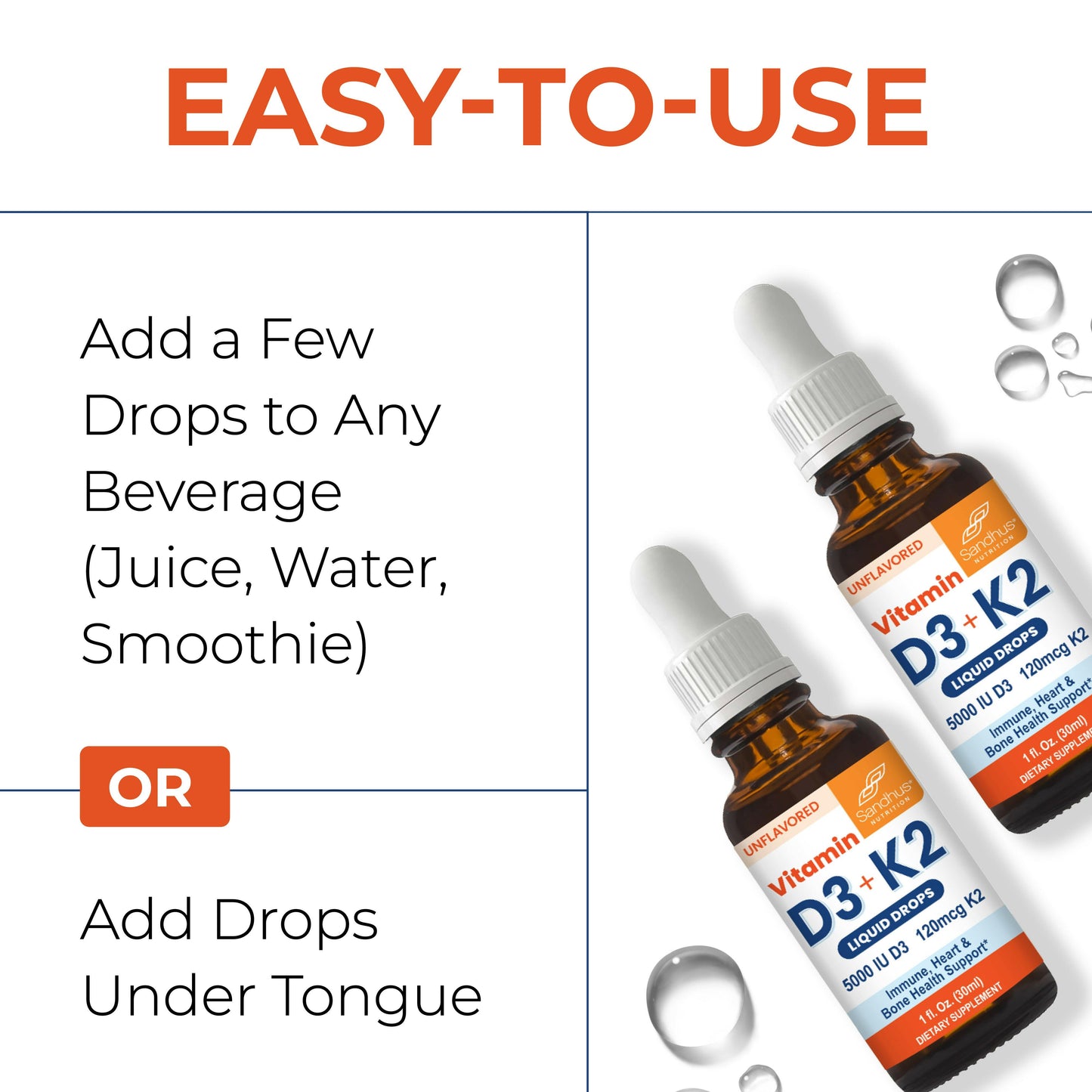 Easy-to-use Vitamin D3 + K2 liquid drops with instructions showing options to add to water, juice, smoothie, or take under the tongue.