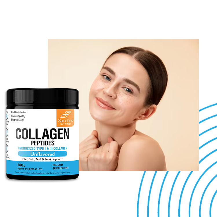 Smiling woman with clear skin beside Sandhu’s collagen peptides jar; supports skin, hair, nail, and joint health.