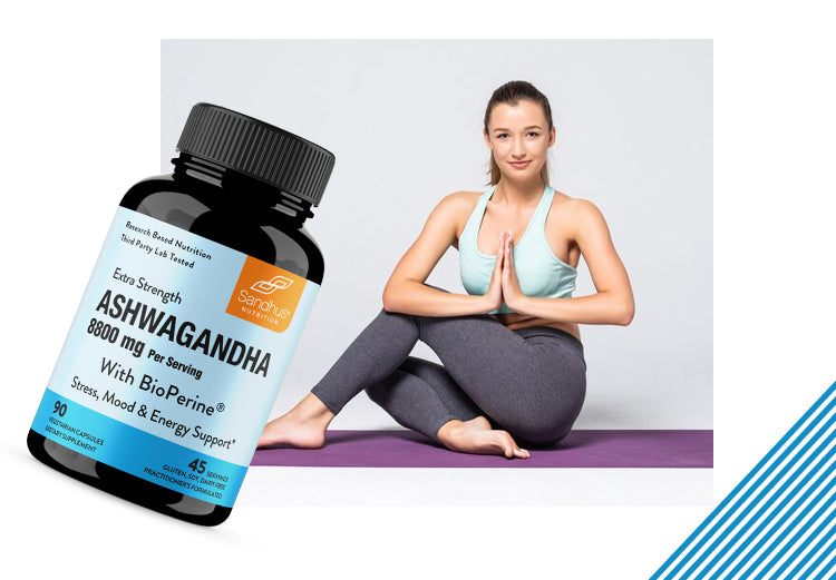 Young woman doing yoga seated with hands in prayer pose beside Sandhu’s Ashwagandha; supplement supports stress and energy.