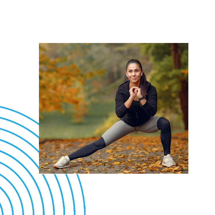 Fit woman stretching in autumn park; collagen peptides support joint flexibility, tendon, and ligament strength.