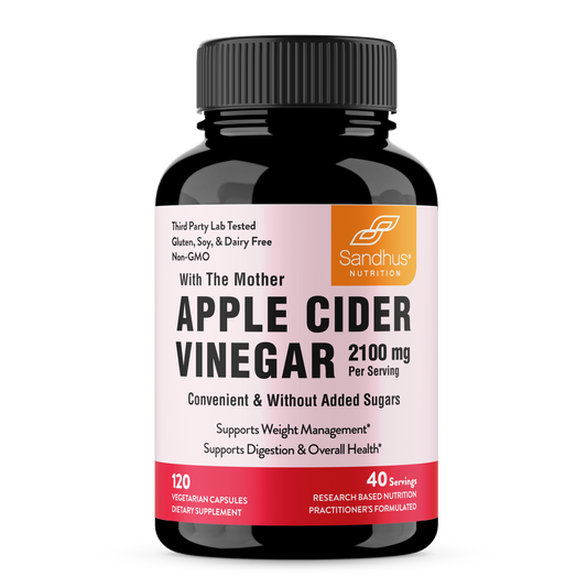 Sandhu's Nutrition Apple Cider Vinegar with benefit supports weight management, digestion and overall health.