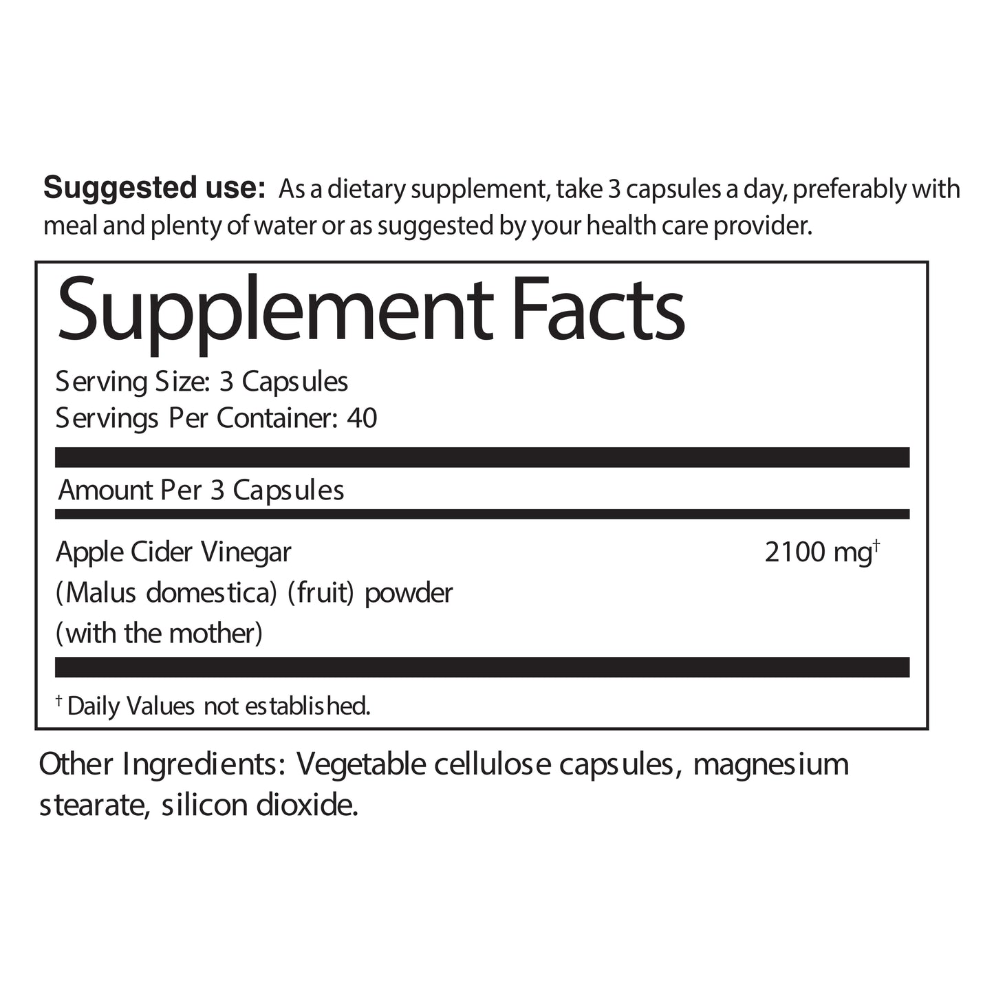 Supplement Facts label showing Apple Cider Vinegar with 2100 mg and other ingredients, serving size.