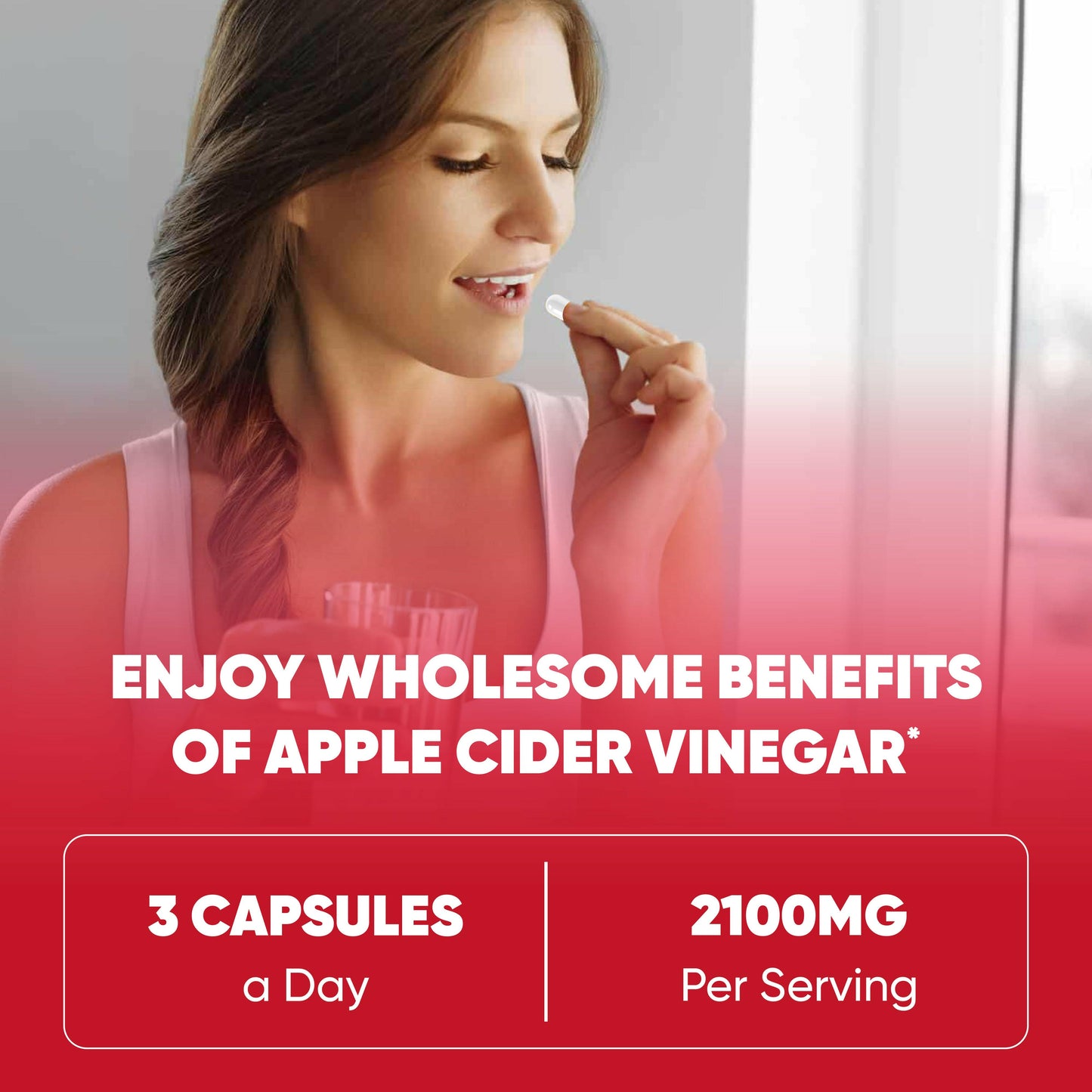 Convenient capsules delivering 2100 mg of Apple Cider Vinegar per serving wholesome support in 3 a day