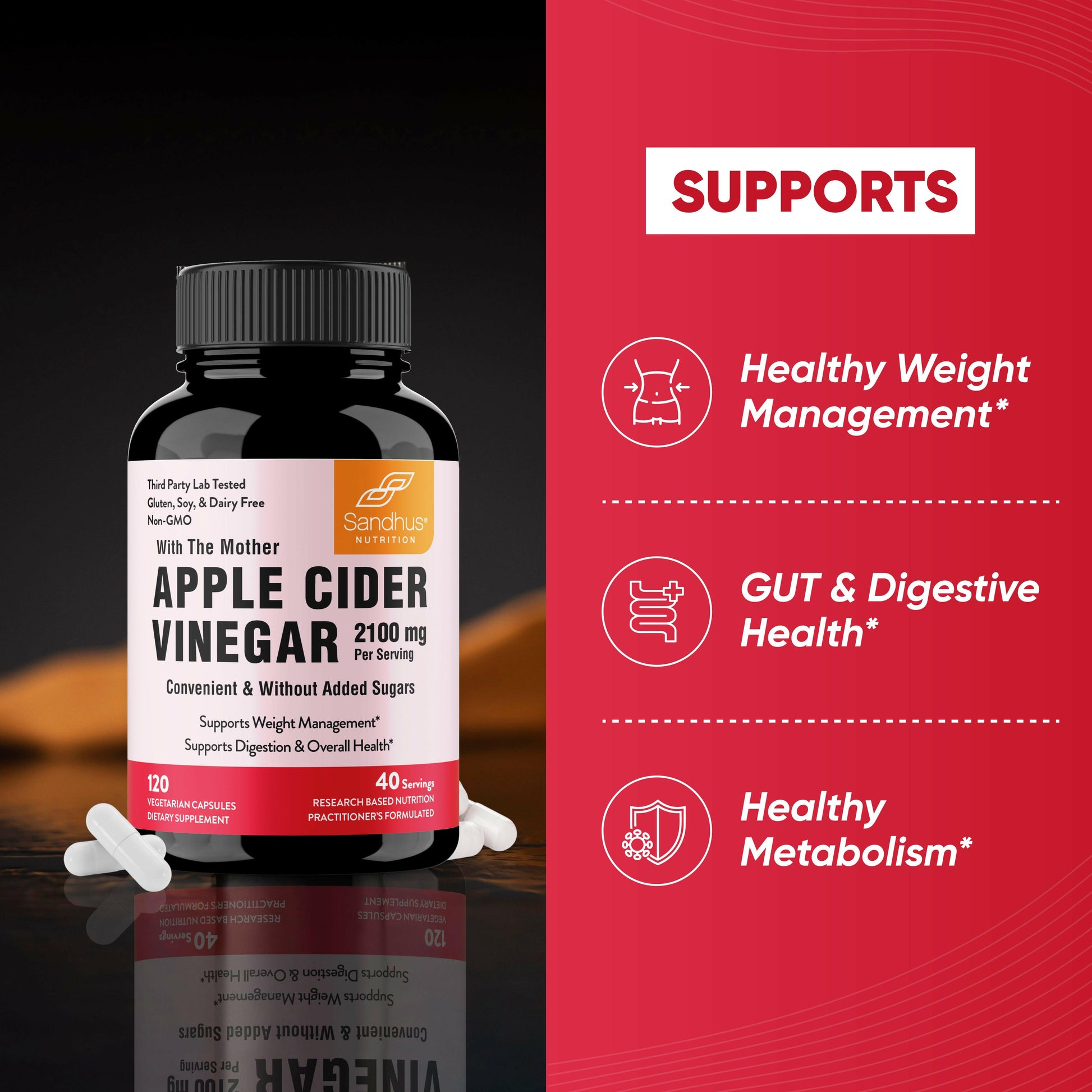 Sandhu's Apple cider vinegar capsules support digestion, metabolism, and balanced wellness naturally every day.