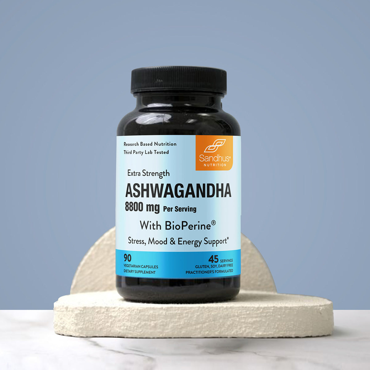Supplement bottle labeled 'Ashwagandha' on a neutral background