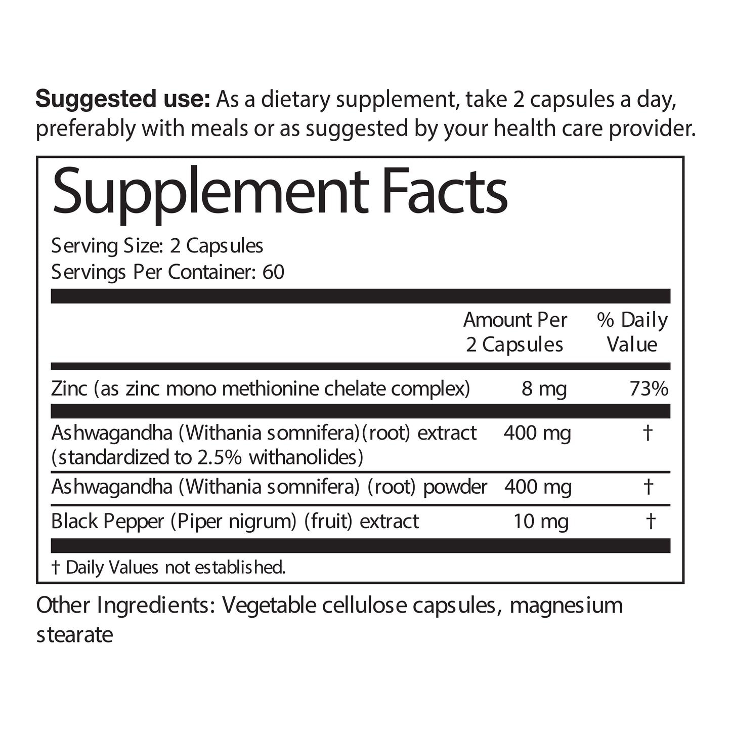 Supplement label with dietary supplement facts and suggested use on a white background