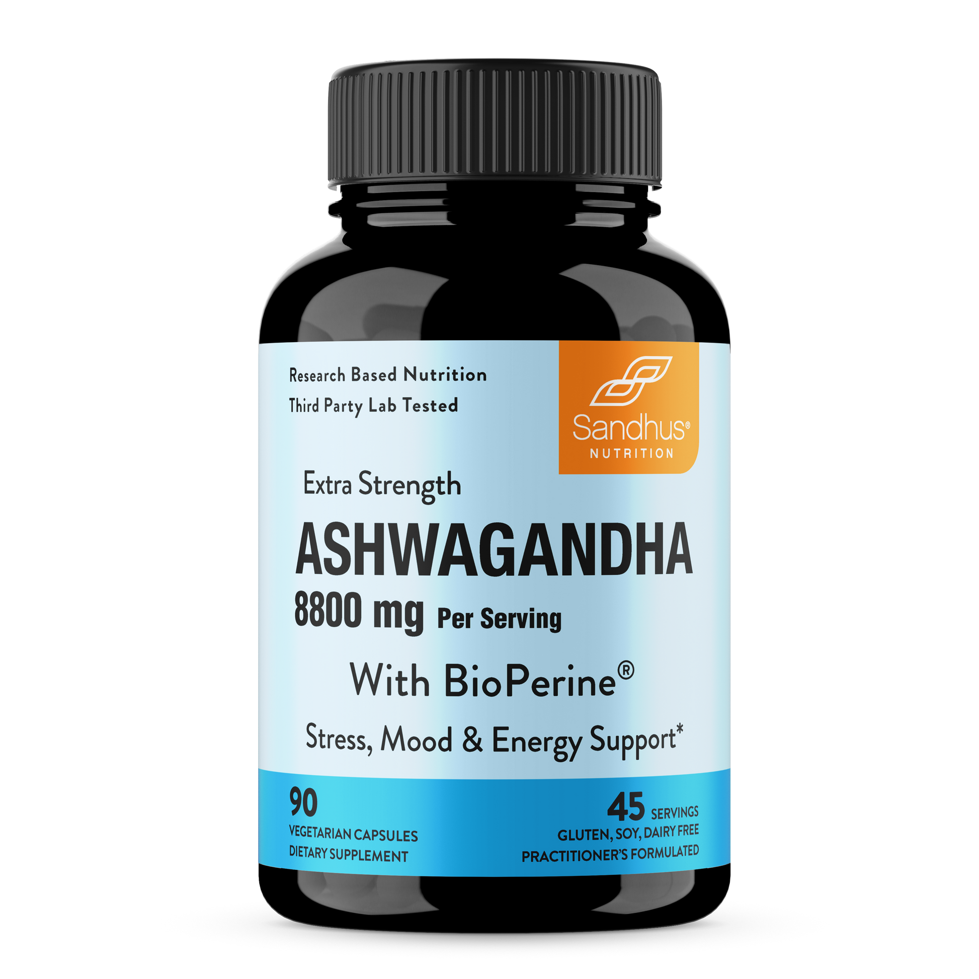 A bottle of Sandhus Nutrition Extra Strength Ashwagandha capsules with 90 count. The label indicates 8000 mg per serving with BioPerine for stress, mood, and energy support.
