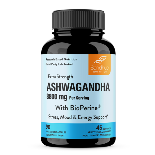 A bottle of Sandhus Nutrition Extra Strength Ashwagandha capsules with 90 count. The label indicates 8000 mg per serving with BioPerine for stress, mood, and energy support.