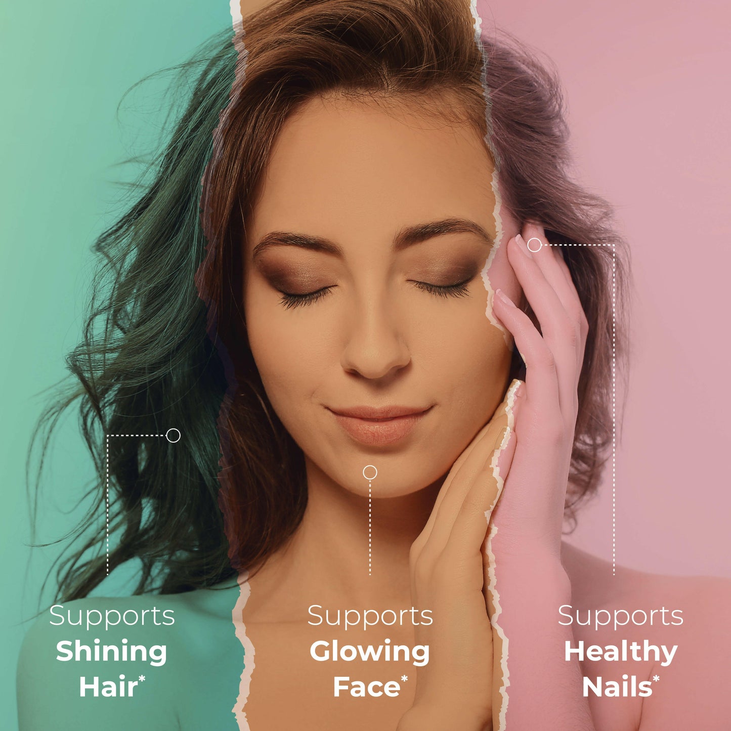 Illustration of woman highlighting beauty benefits with text noting support for shining hair, glowing skin, and healthy nails