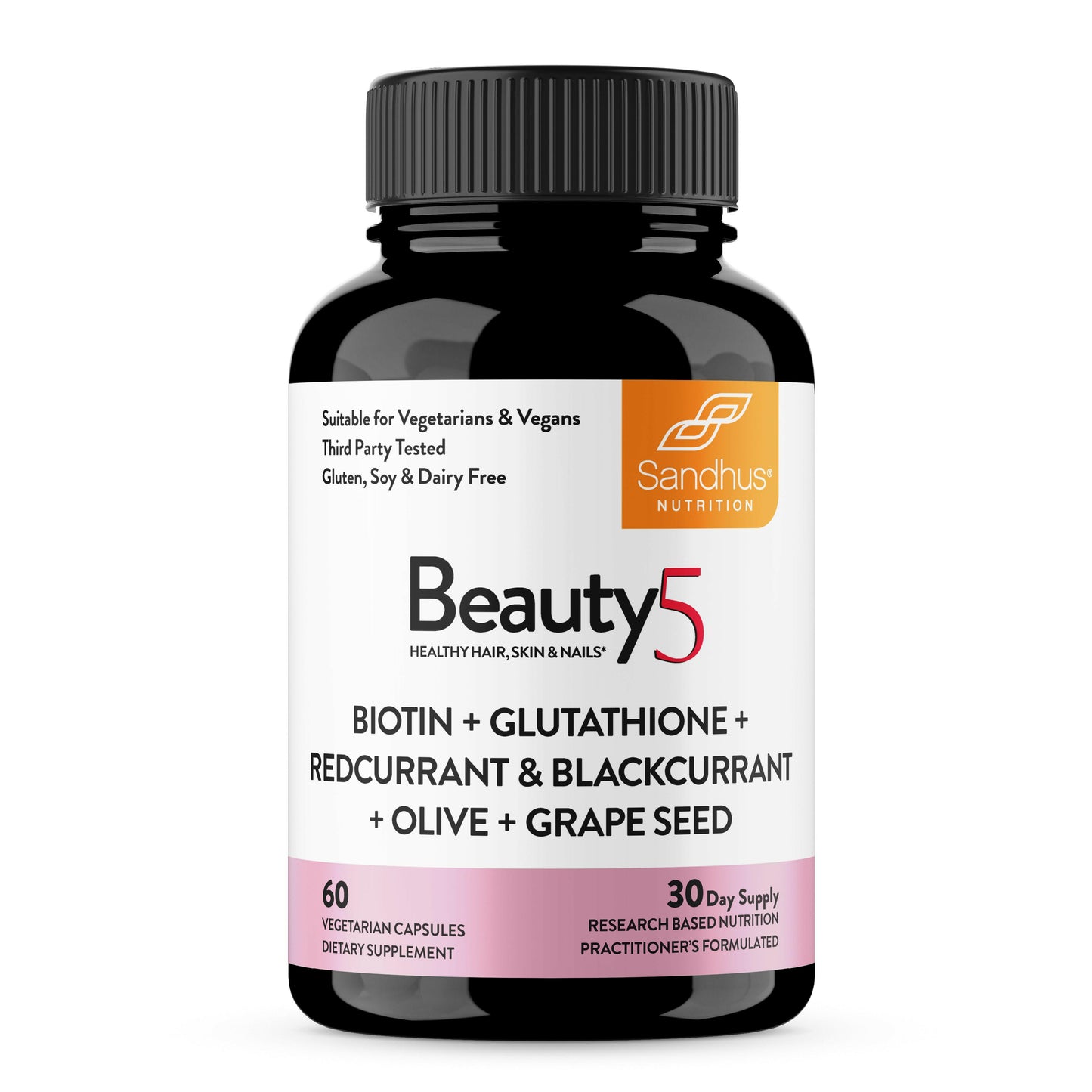 Supplement bottle labeled 'Beauty5' with Sandhus Nutrition branding on a white background