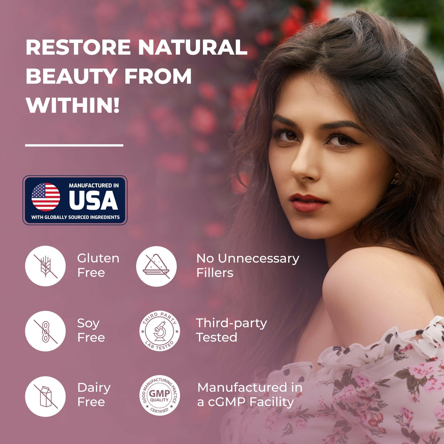 Woman with text and icons promoting natural beauty products, including gluten-free, soy-free, dairy-free, and third-party tested features.