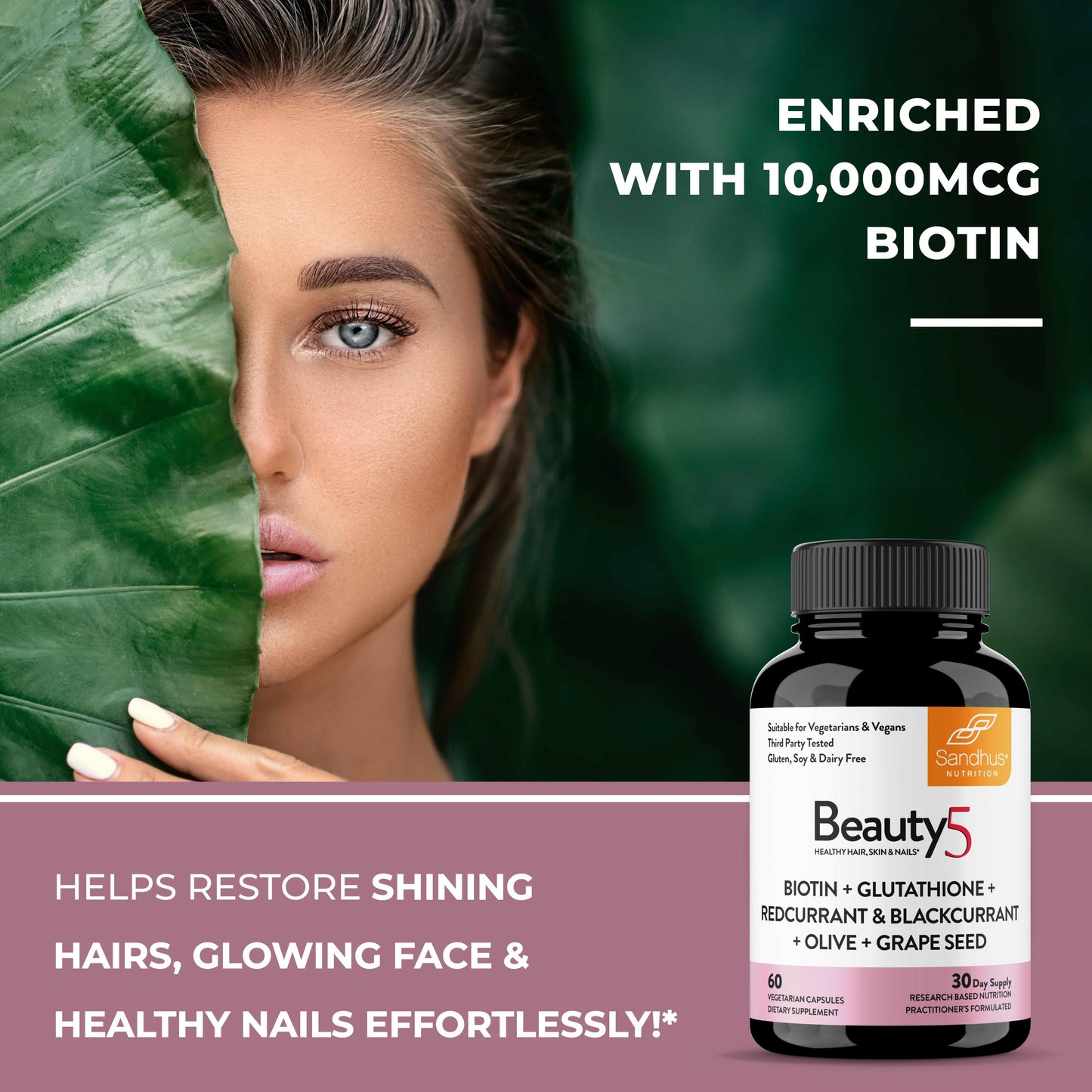 Sandhu’s Beauty5 Biotin with Glutathione supplement bottle, enriched with 10,000 mcg biotin, shown with a woman and natural leaf background, supporting shining hair, glowing skin, and healthy nails.