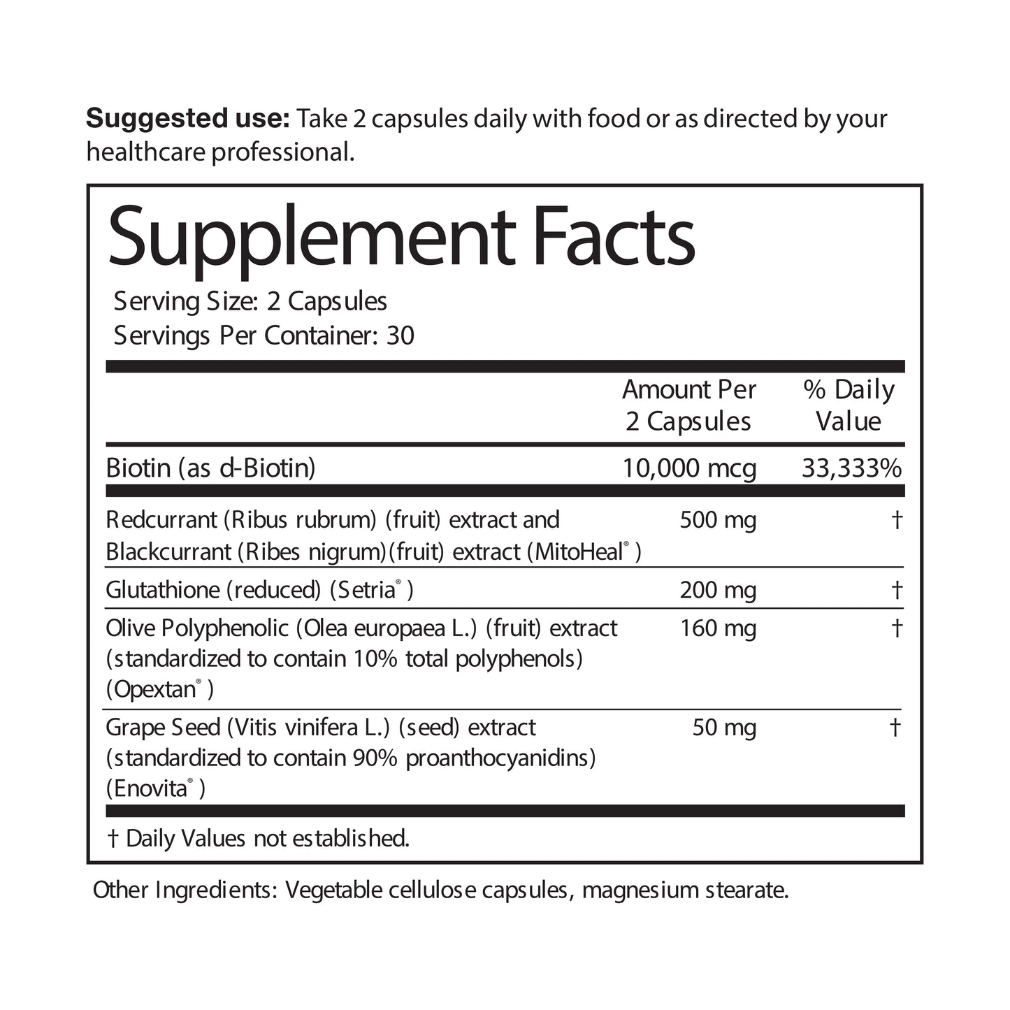 Supplement facts label with detailed ingredient list and usage instructions on a white background
