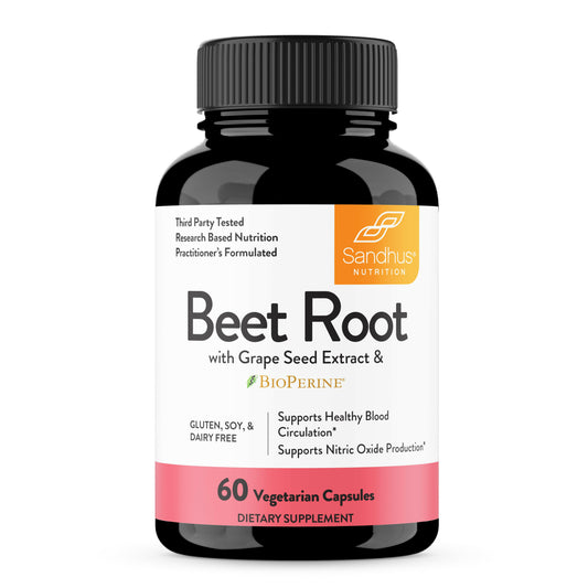 Supplement bottle labeled 'Beet Root with Grape Seed Extract & BioPerine' by Sandhu Nutrition on a white background.