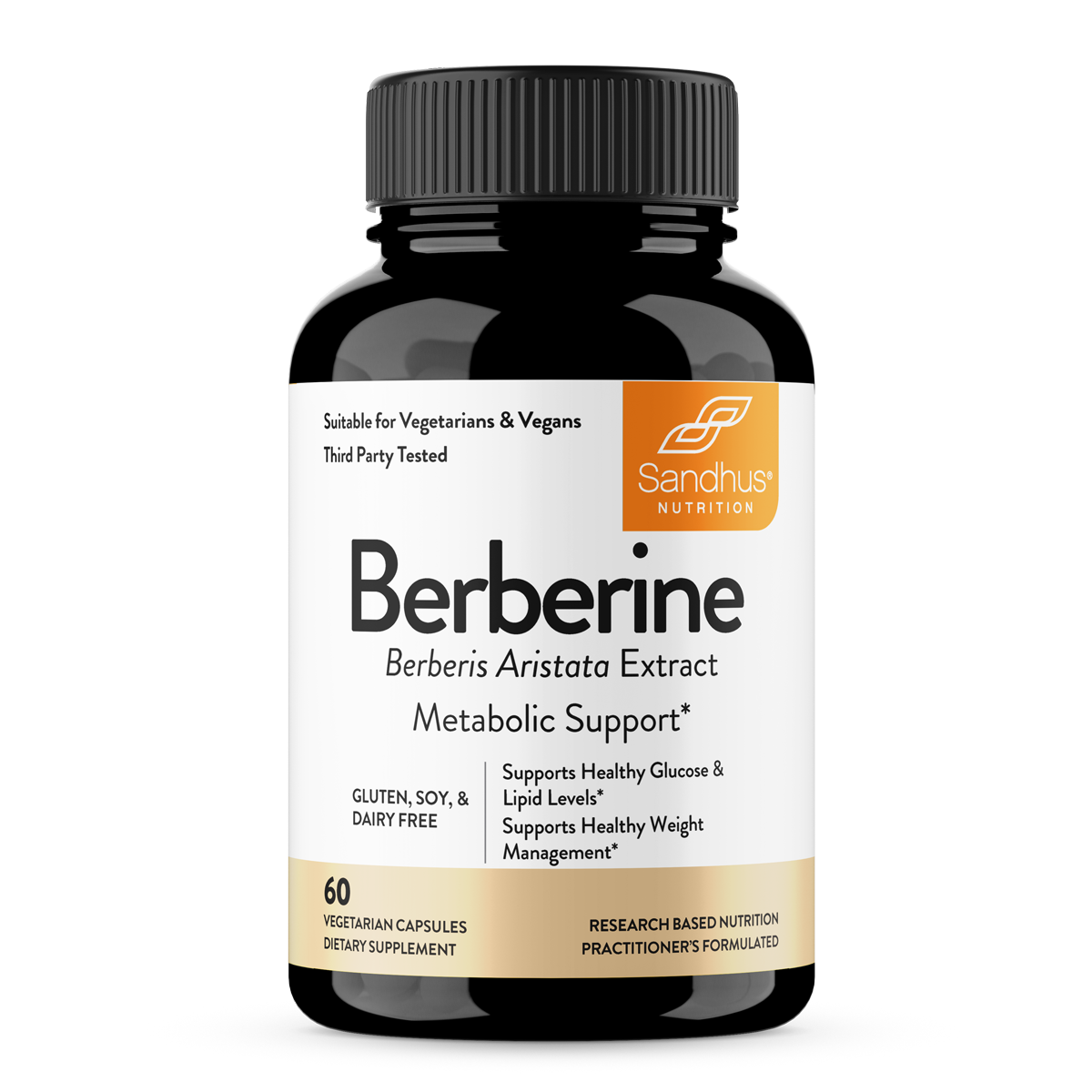 A bottle of Sandhu's Berberine HCl Capsules with 60 Count, labeled as Metabolic Support.