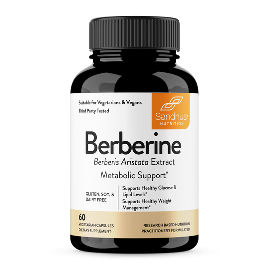 A bottle of Sandhu's Berberine HCl Capsules with 60 Count, labeled as Metabolic Support.