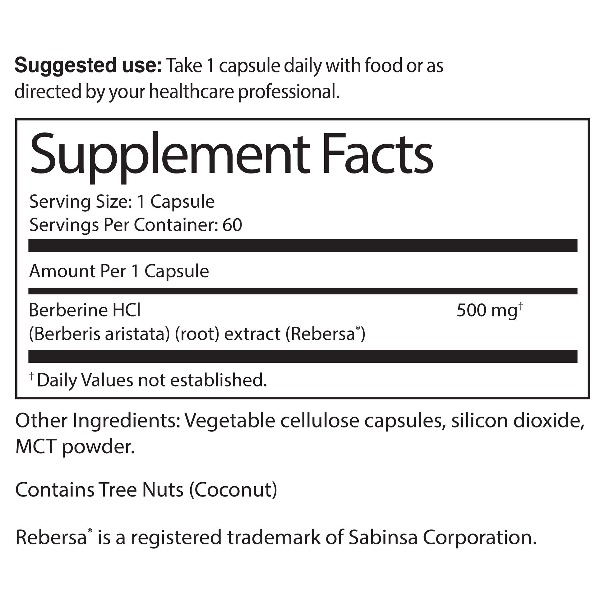 Supplement label with Berberine HCI and other ingredients on a white background