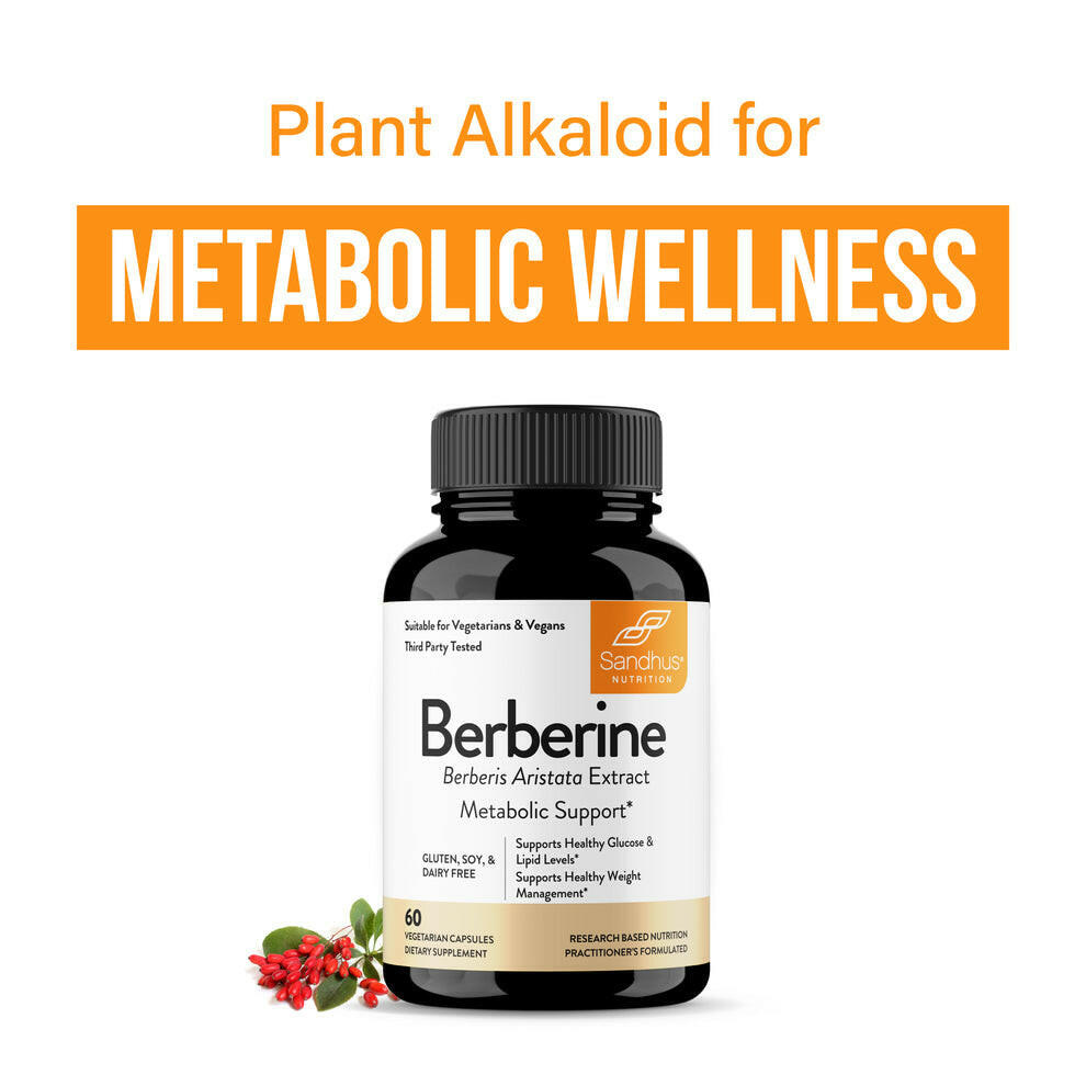 Sandhus Nutrition Berberine supplement bottle with metabolic wellness benefits, supports glucose, lipid levels, and weight management.