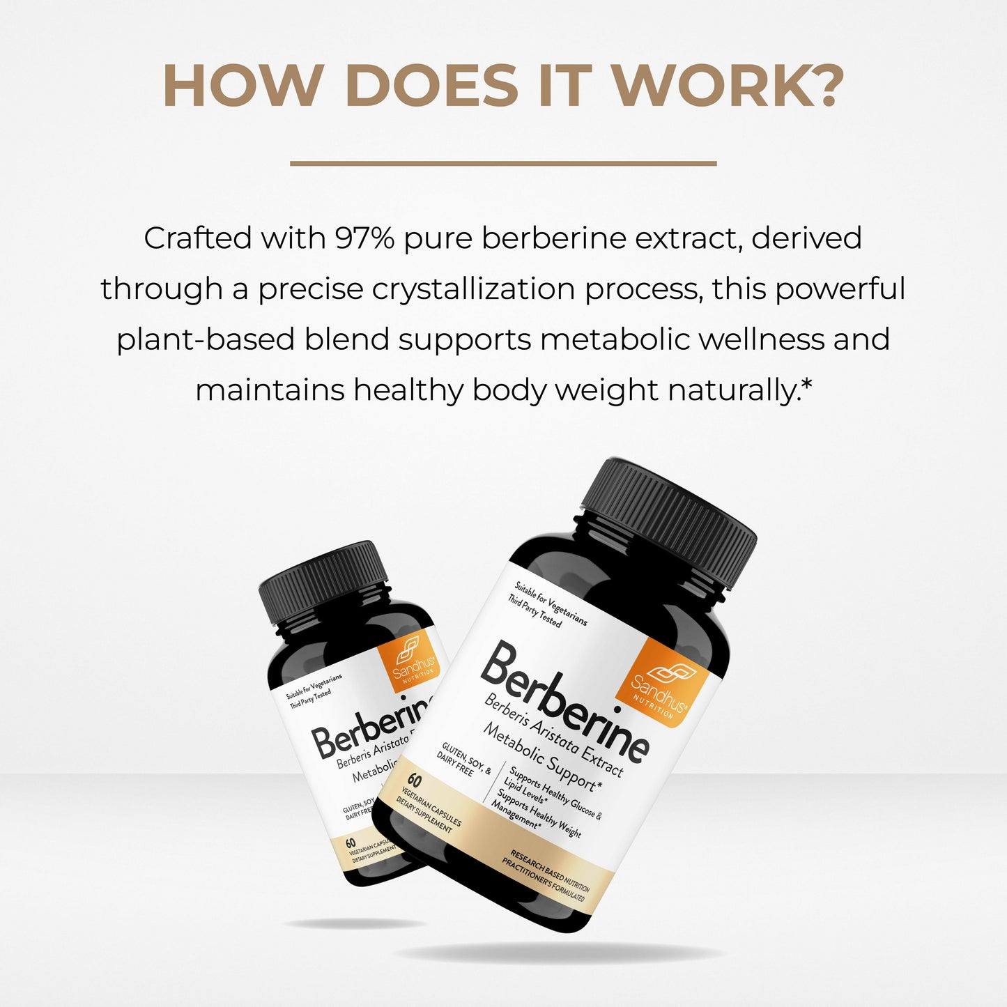 Sandhu’s Berberine supplement bottles with text highlighting pure extract supporting metabolic wellness and healthy weight balance.