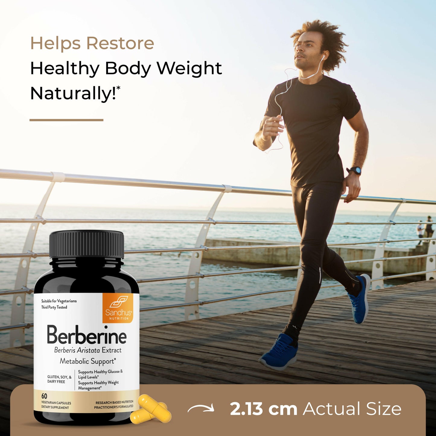 Sandhu’s Berberine supplement bottle with man jogging outdoors, highlighting support for healthy weight and metabolic wellness.