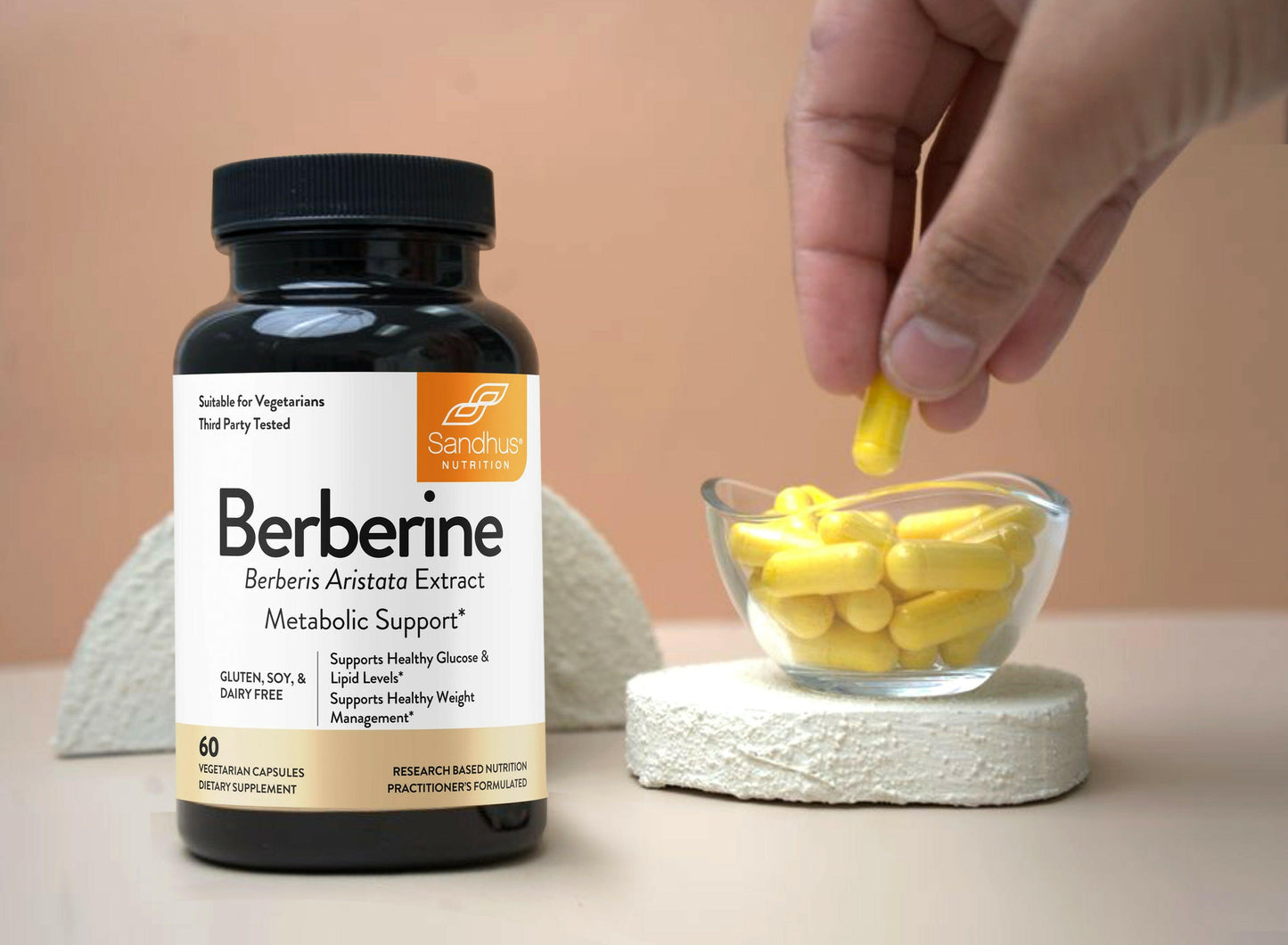 Berberine supplement bottle with capsules on a neutral background