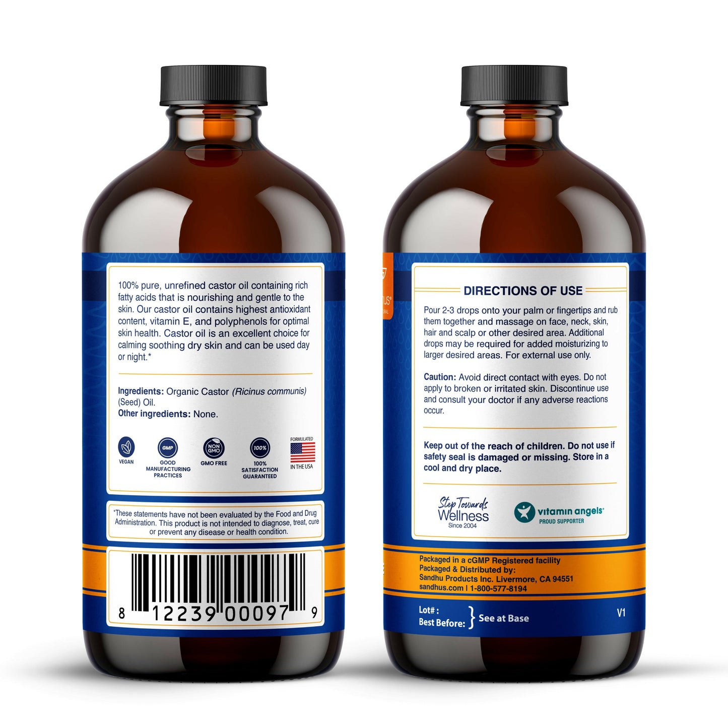 Two bottles of castor oil with labels showing directions of use and product details on a white background.