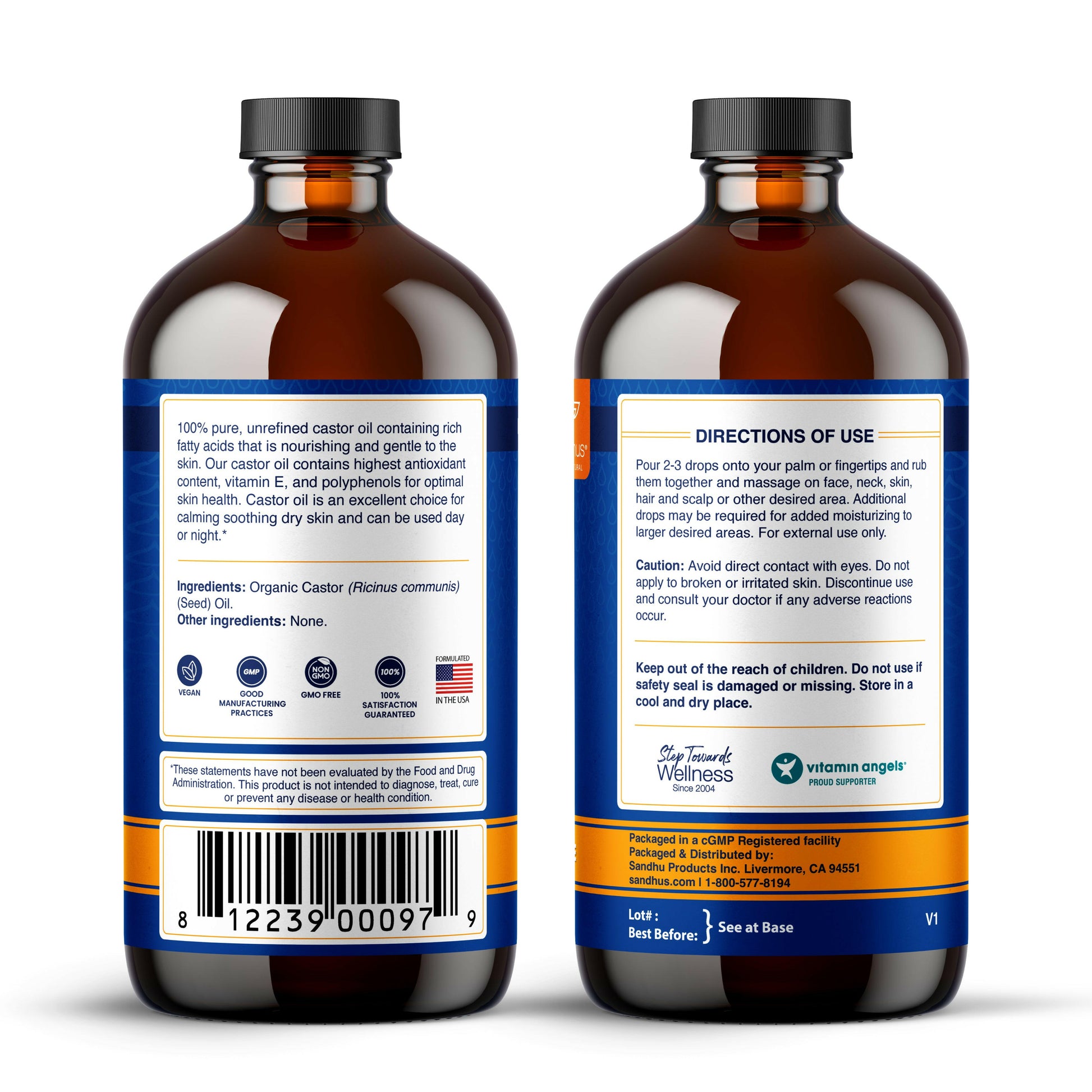 Two bottles of castor oil with labels showing directions of use and product details on a white background.