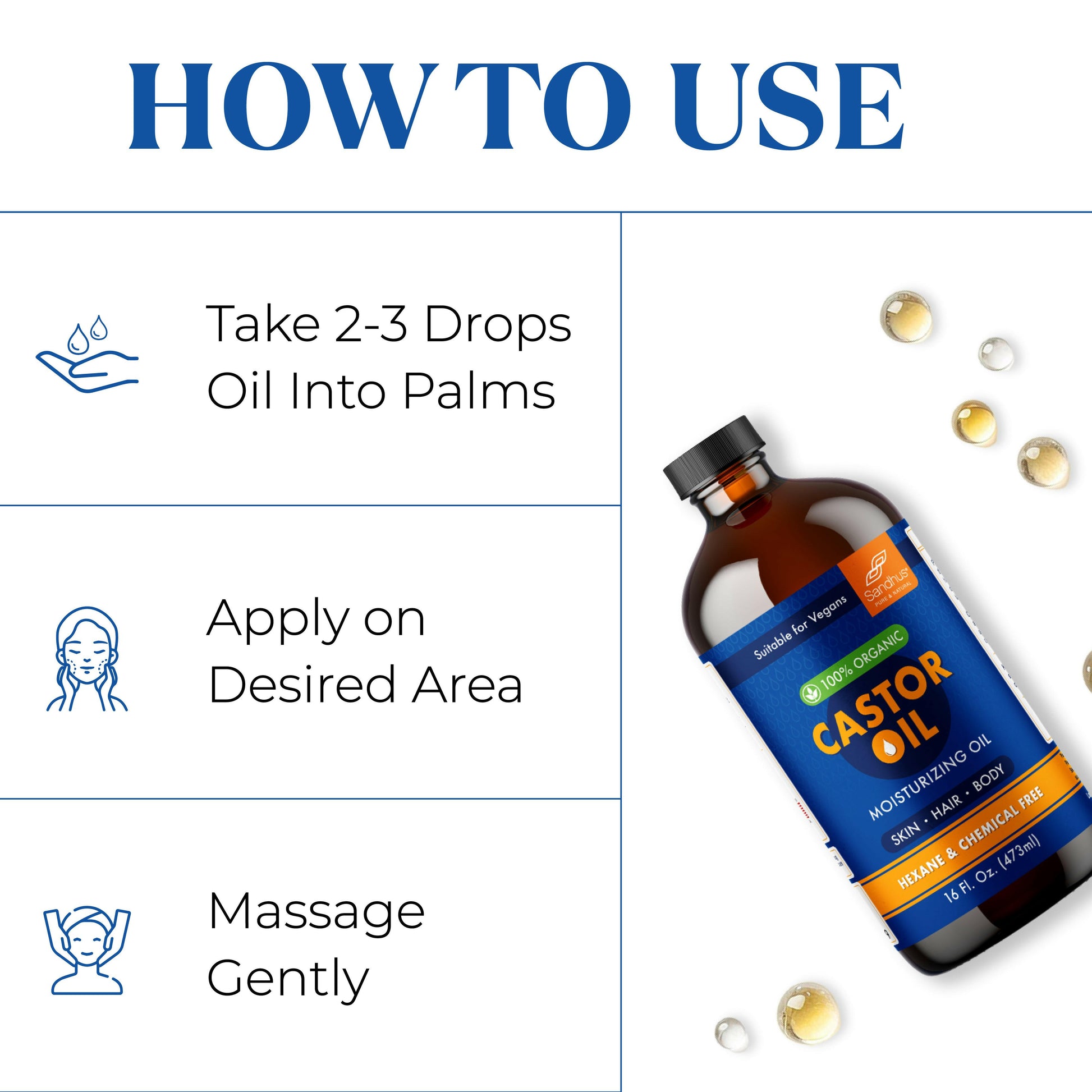 Sandhu’s Organic Castor Oil bottle with instructions to take a few drops, apply on desired area, and massage gently.