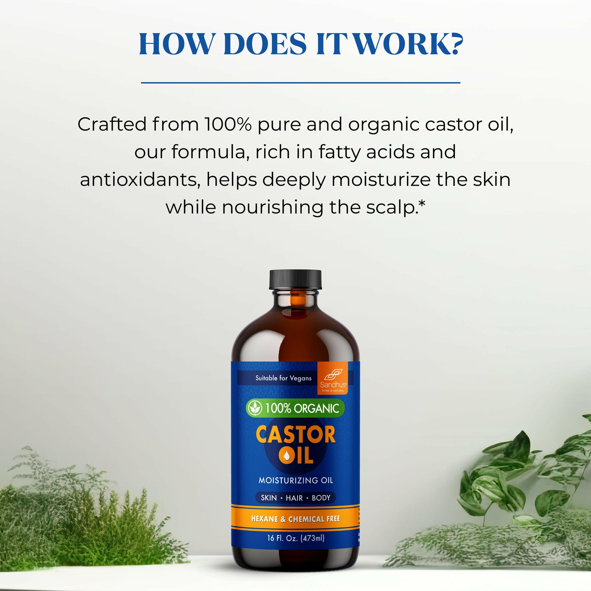 Sandhu’s Organic Castor Oil bottle with text explaining benefits of fatty acids and antioxidants for skin hydration and scalp nourishment.