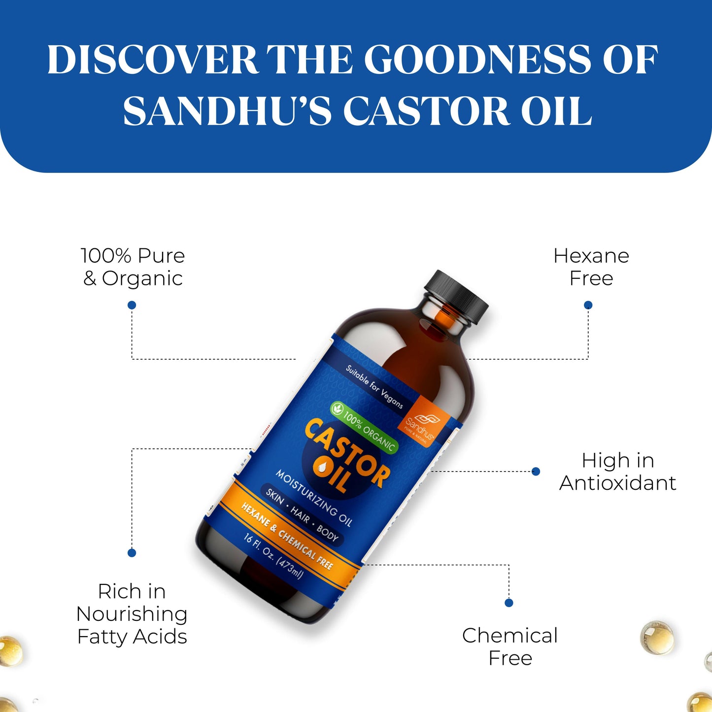 Sandhu’s Organic Castor Oil bottle with text highlighting pure, chemical-free, hexane-free, antioxidant-rich, and fatty acid-rich benefits.