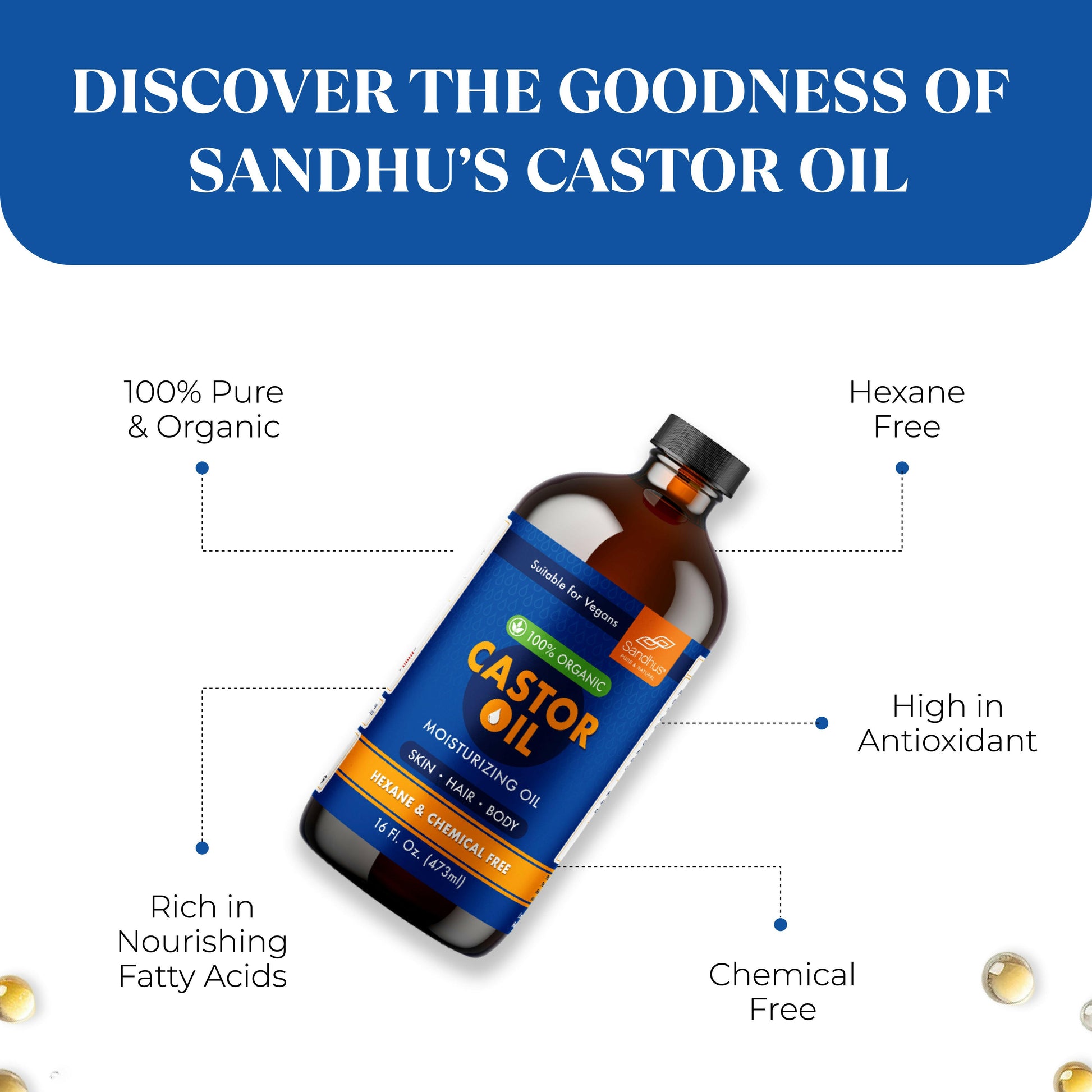 Sandhu’s Organic Castor Oil bottle with text highlighting pure, chemical-free, hexane-free, antioxidant-rich, and fatty acid-rich benefits.