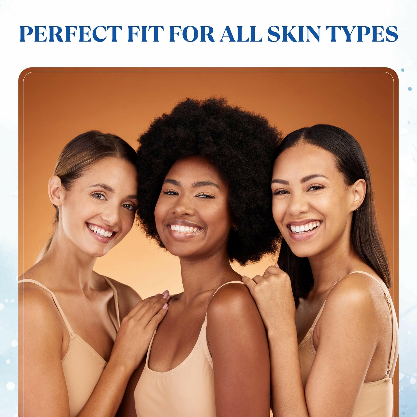 Three diverse women smiling together with text showing Sandhu’s Castor Oil as suitable for all skin types.