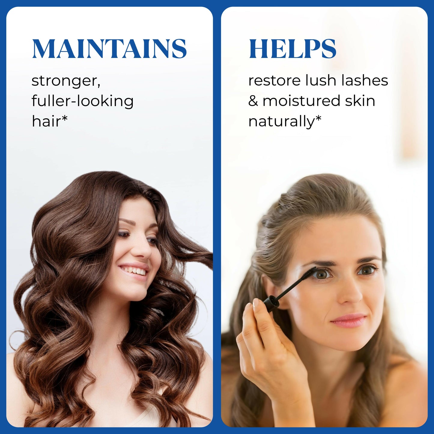 Split image showing woman with fuller-looking hair and another applying mascara, promoting Sandhu’s Castor Oil for stronger hair, lashes, and moisturized skin.