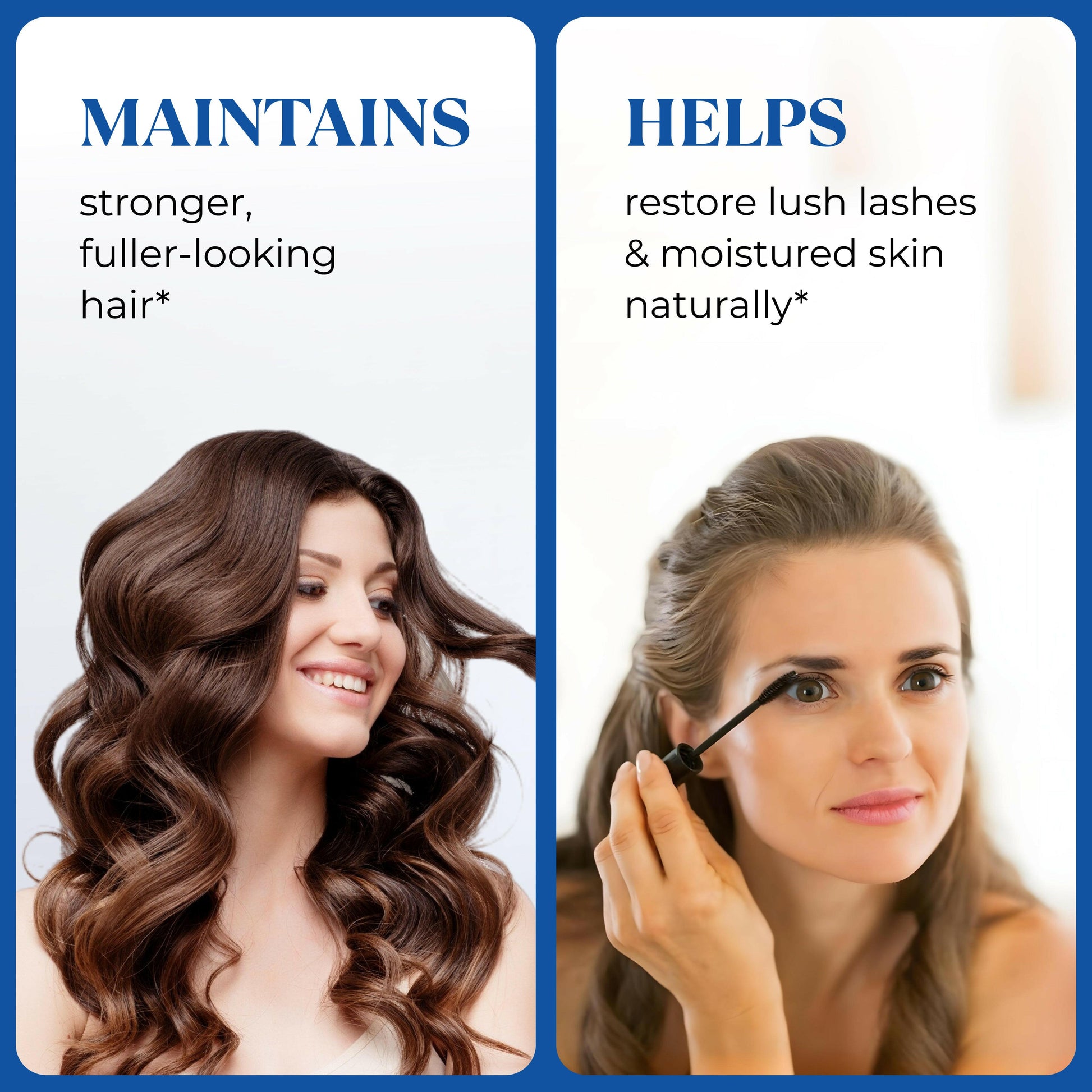 Split image showing woman with fuller-looking hair and another applying mascara, promoting Sandhu’s Castor Oil for stronger hair, lashes, and moisturized skin.